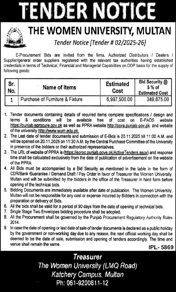 The Women University Multan Tender Notice